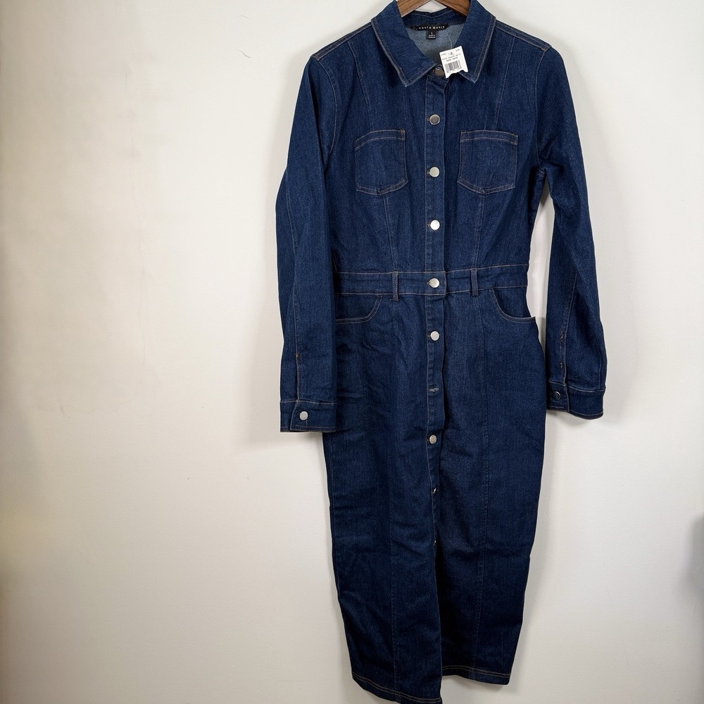 NWT Haute Monde‎ Dress Midi Women's Large Dark Wash Buttons Long Sleeve